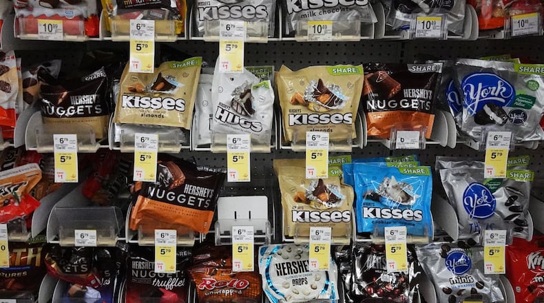 Hershey's chocolate are displayed on shelves at a grocery store in Mount Prospect, Ill., Monday, Oct. 20, 2025. (AP Photo/Nam Y. Huh)