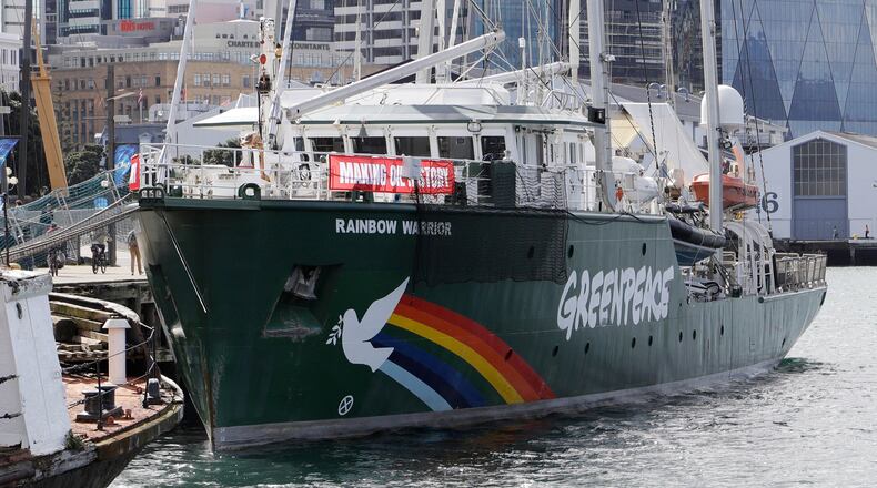 FILE 0 In this Friday Sept. 28, 2018 photo, the Greenpeace flagship the Rainbow Warrior is docked in Wellington, New Zealand. (AP Photo/Mark Baker, File)