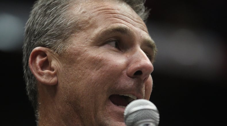 Ohio State’s Urban Meyer speaks at the Skull Session before a game against Oklahoma on Saturday, Sept. 9, 2017, at St. John Arena in Columbus. David Jablonski/Staff