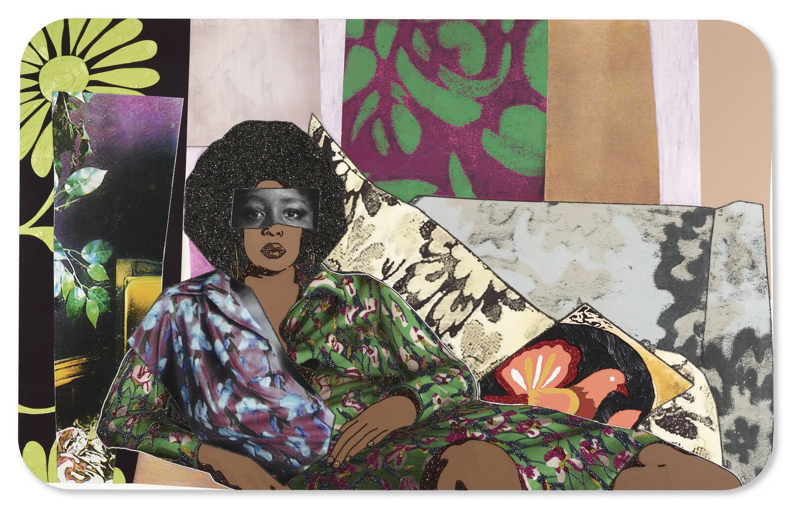“Afro Goddess Looking Forward” by Mickalene Thomas is created from paper, photograph, tape and acryllic paint. CONTRIBUTED