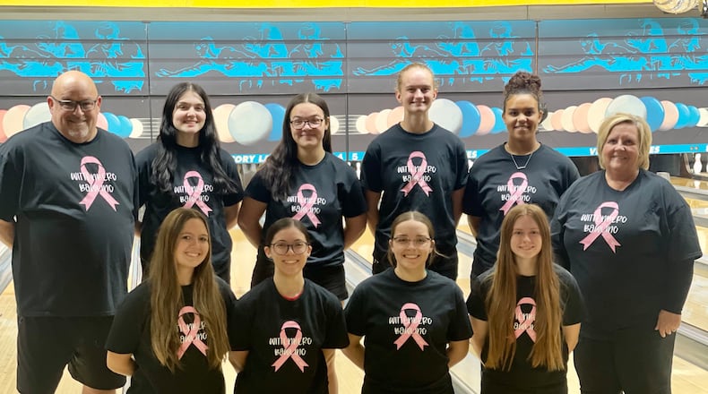 The community-minded Wittenberg women's bowling team participated in the Springfield Clark County Strike Out Cancer Annual No-Tap Tournament
Back row l-r
Coach Tony Cooper, Hannah Tahsler, Charlese Ferris, Shannon Csordas, Rose Wanjema, Coach Dawn Cooper
Front row L -R
Michele Starner, Josselyn Terpenning, Tatum Twining, Chloe Steiner - CONTRIBUTED