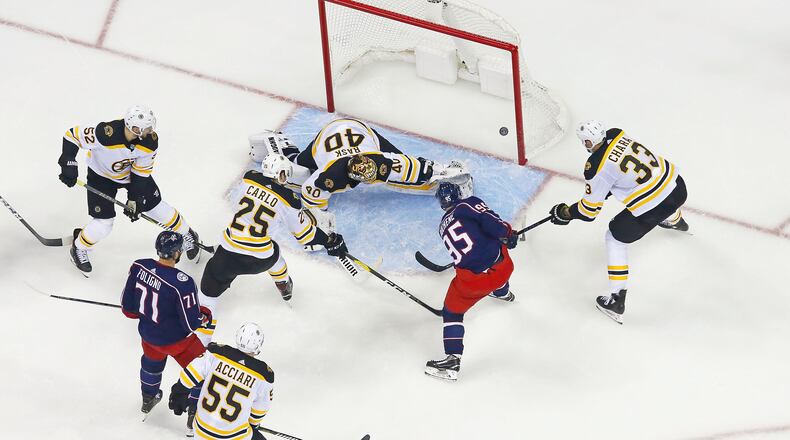COLUMBUS, OH - APRIL 30:  Matt Duchene #95 of the Columbus Blue Jackets beats Tuukka Rask #40 of the Boston Bruins for a goal in the second period of Game Three of the Eastern Conference Second Round during the 2019 NHL Stanley Cup Playoffs on April 30, 2019 at Nationwide Arena in Columbus, Ohio. Columbus defeated Boston 2-1. (Photo by Kirk Irwin/Getty Images)