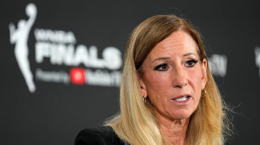 FILE -WNBA commissioner Cathy Engelbert speaks prior to Game 1 of a WNBA basketball final playoff series between the Las Vegas Aces and the Phoenix Mercury, Oct. 3, 2025, in Las Vegas. (AP Photo/John Locher), File)