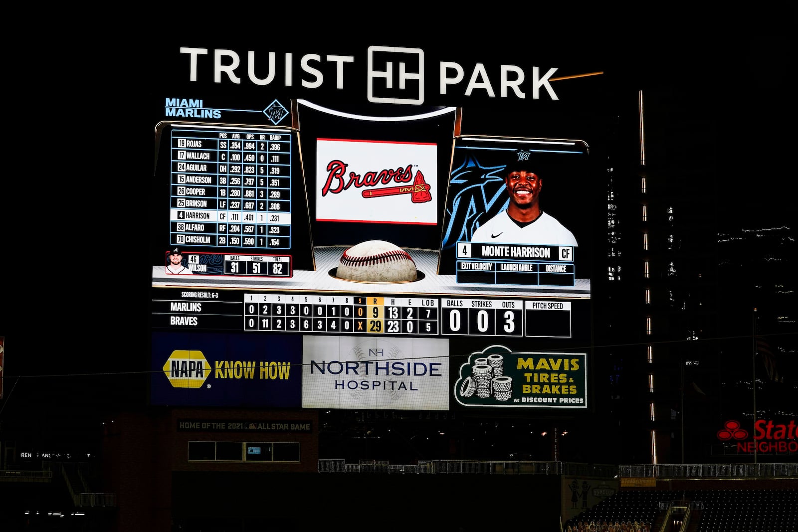 The scoreboard shows the final score in the Atlanta Braves' 29-9 win over the Miami Marlins in a baseball game Wednesday, Sept. 9, 2020, in Atlanta. (AP Photo/Brynn Anderson)