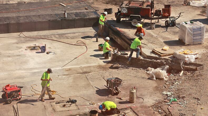 The Springfield City Hall Plaza is nearly unrecognizable as work continues on the renovation of the plaza Monday, July 10, 2023. BILL LACKEY/STAFF