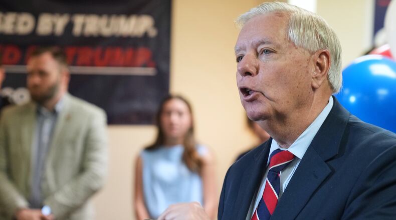 Sen. Lindsey Graham, R-S.C., speaks with supporters after filing his reelection paperwork Monday, March 16, 2026, in Columbia, S.C. (AP Photo/Meg Kinnard)