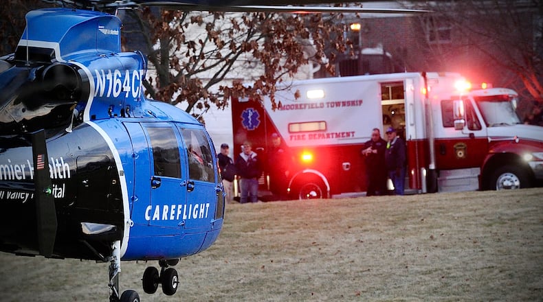 Careflight lifts off the ground in Moorefield Township after two females, were tied up and beaten at a home on Hiser Lane Tuesday Jan. 10, 2023. MARSHALL GORBY \STAFF