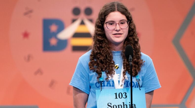 Sophia Lopez, 14, a Cedarville Middle School student, competes during the Scripps National Spelling Bee in Oxon Hill, Md., Tuesday, May 31, 2022. (AP Photo/Jacquelyn Martin)
