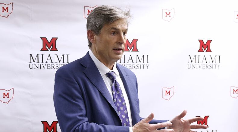 Candidate Matt Dolan speaks to media after the Ohio U.S. Senate Republican candidate debate on Wednesday, March 6, 2024 at Miami University's Gates-Abegglen Theatre in the Center for Performing Arts in Oxford. NICK GRAHAM/STAFF