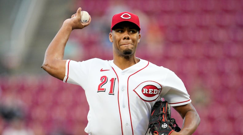 Cincinnati Reds starting pitcher Hunter Greene throws during the second inning of the team's baseball game against the Milwaukee Brewers on Thursday, Sept. 22, 2022, in Cincinnati. (AP Photo/Jeff Dean)