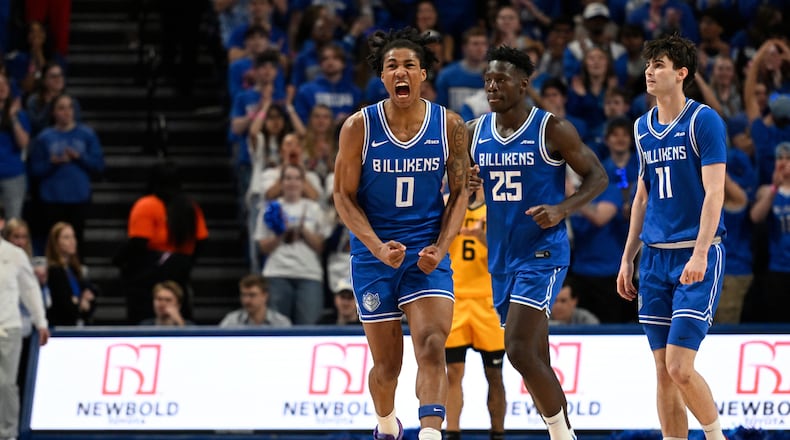 Saint Louis' Kellen Thames (0) reacts after scoring during the first half of an NCAA college basketball game against Virginia Commonwealth, Friday, Feb. 20, 2026, in St. Louis. (AP Photo/Lexie Knight)