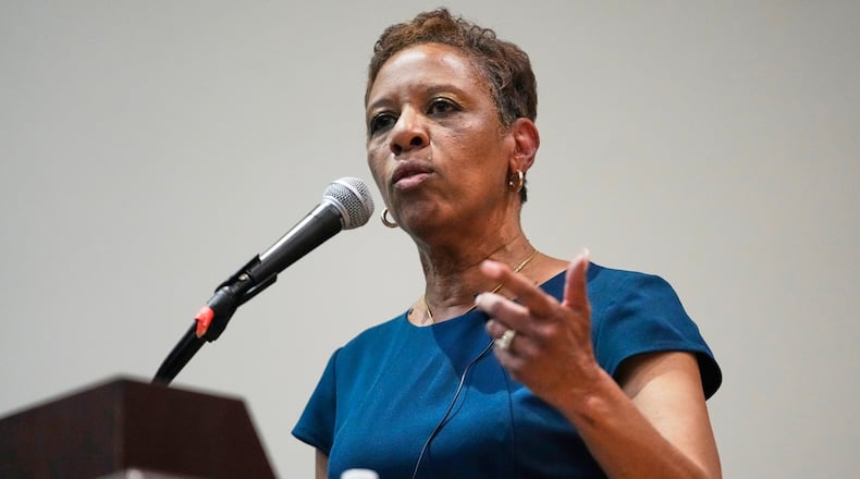 FILE - Speaker of the New York City Council Adrienne Adams speaks during the New York City Mayoral Candidates Forum at Medgar Evers College, April 23, 2025, in New York. (AP Photo/Frank Franklin II, File)