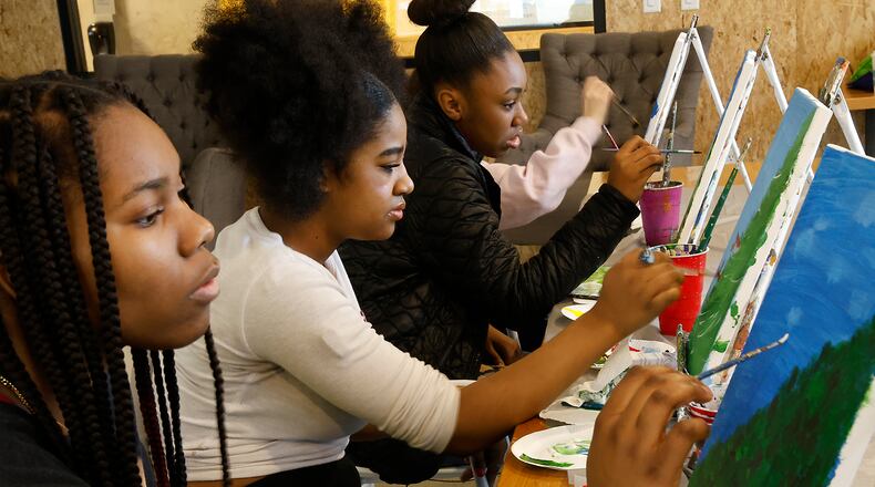 For International Women's Day, young women in the 7th and 8th grades from Hayward Middle School got to showcase their painting ability at the Springfield COhatch Friday, March 8, 2024. The young ladies got a chance to talk with Springfield City Commissioner Tracey Tackett and hear how she started her own business, Sip & Dipity Paint Bar, on her road to the City Commission. The event was sponsored by the "My Sister's Keeper" program, which matches young women with mentors. BILL LACKEY/STAFF