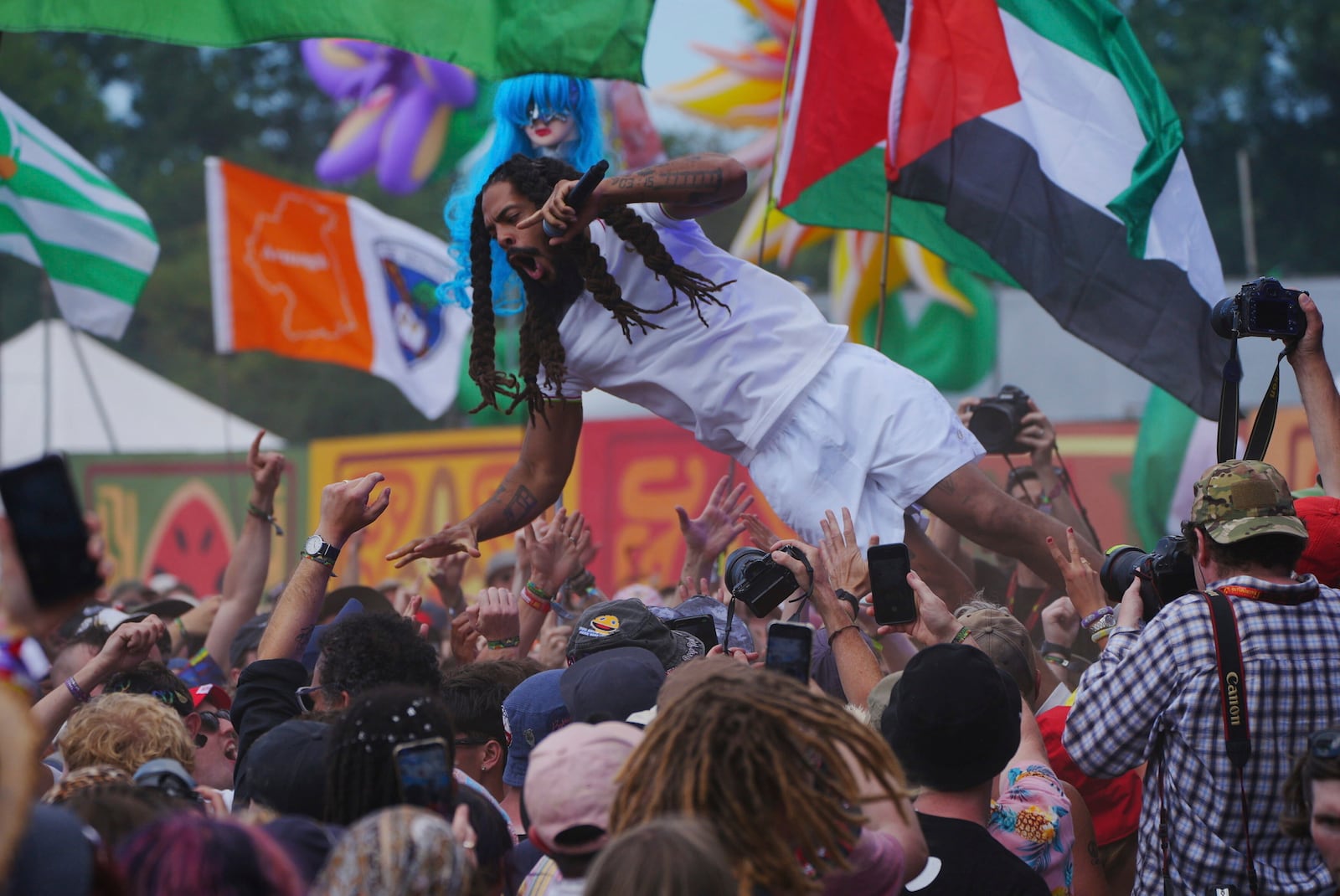 Bob Vylan performs on the West Holts Stage, during the Glastonbury Festival at Worthy Farm in Somerset. England, Saturday, June 28, 2025. (Ben Birchall/PA via AP)