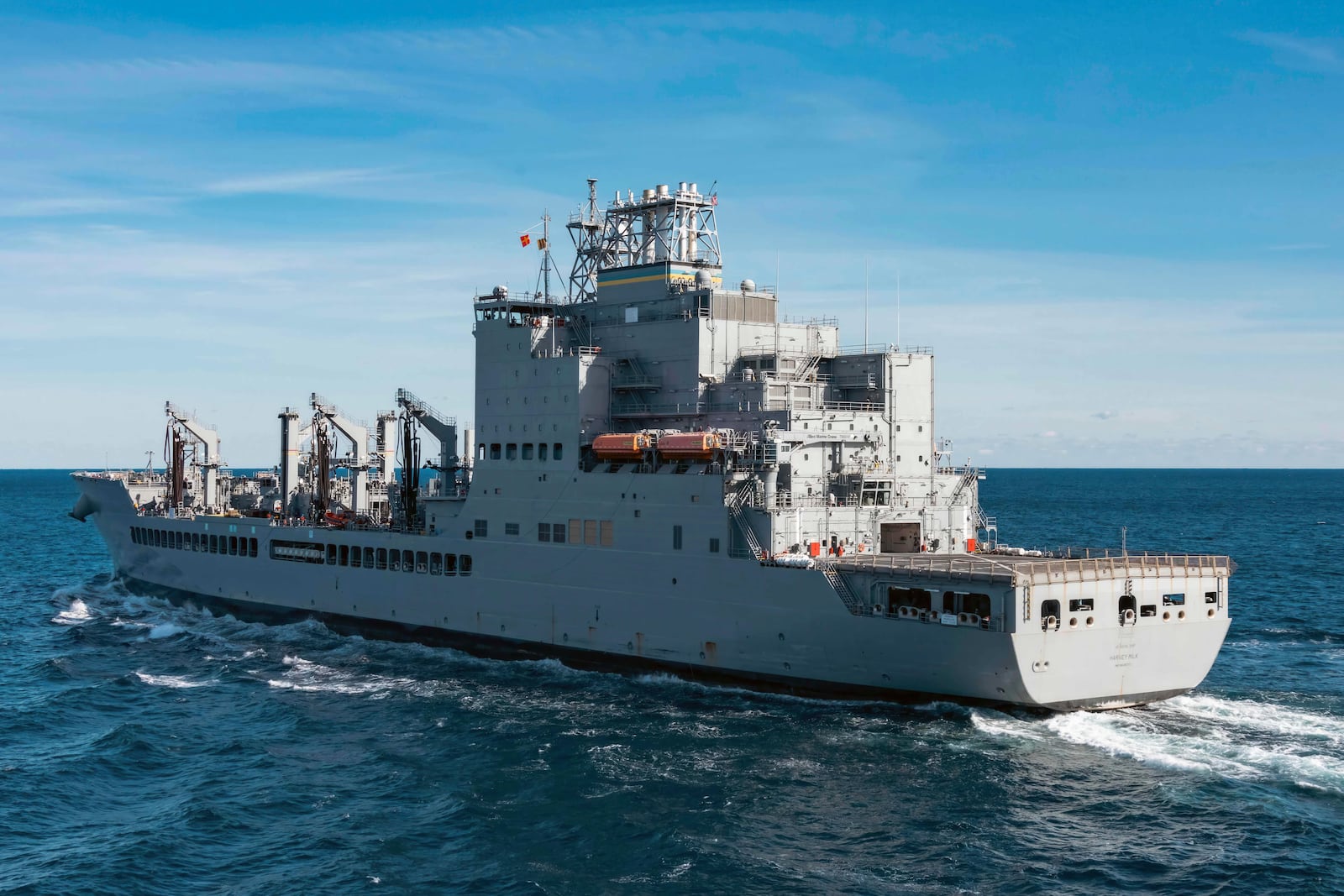 In this image provided by the U.S. Navy, the John Lewis-class replenishment oiler USNS Harvey Milk (T-AO-206) conducts a replenishment at sea in the Atlantic Ocean, Dec. 13, 2024. (Mass Communication Specialist 2nd Class Maxwell Orlosky/U.S. Navy via AP))