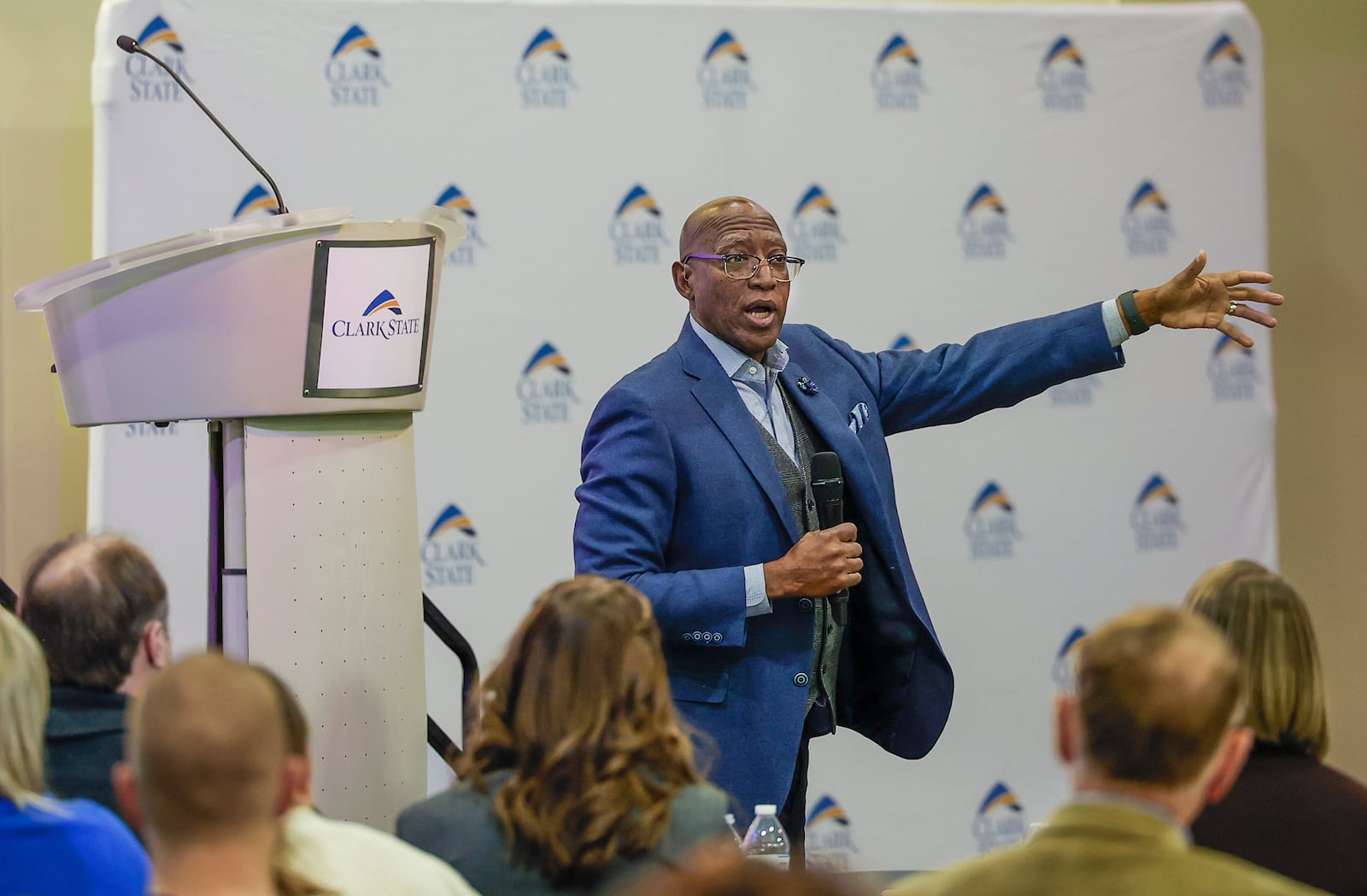 Michael Carter, senior advisor to the president at Sinclair Community College, gives the keynote speech at Clark State College's annual MLK luncheon and awards ceremony at the Hollenbeck Bayley Center on Friday, Jan. 16, 2026, in Springfield. JOSEPH COOKE/STAFF