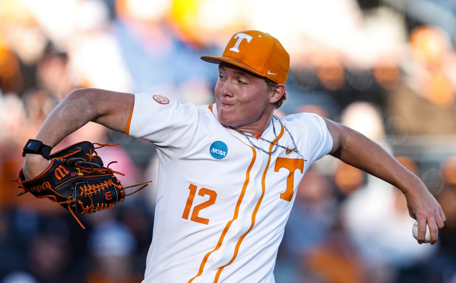 FILE - Tennessee pitcher Liam Doyle (12) throws to a batter during an NCAA regional baseball game against Miami on May 30, 2025, in Knoxville, Tenn. (AP Photo/Wade Payne, File)
