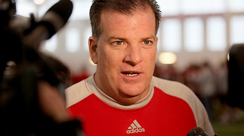 Contributed photo by E.L. Hubbard Miami head coach Chuck Martin talks to the media during the 2017 Spring Showcase at Miami University’s Dauch Indoor Sports Center in Oxford Saturday, Apr. 22, 2017.