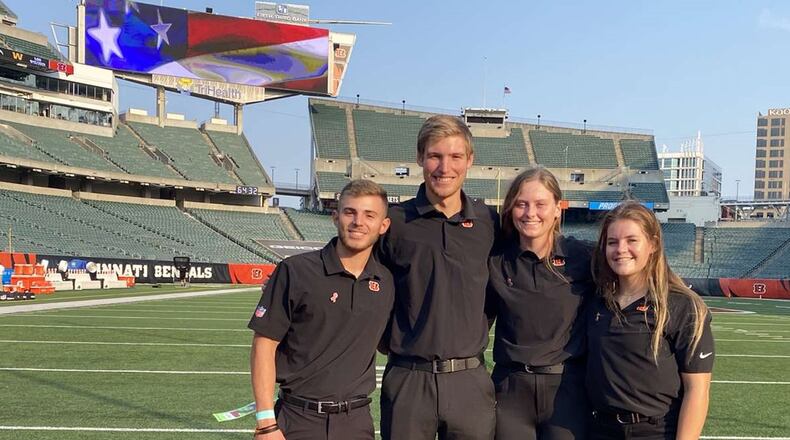 Cedarville University senior athletic training student Kurtis Gould (second from left) stands with other college athletic training interns for the Bengals. From left: Logan Rooney, Miami University; Kurtis Gould; Grace McDowell, Northern Kentucky University; and Maryn Herring, Wilmington College. Contributed