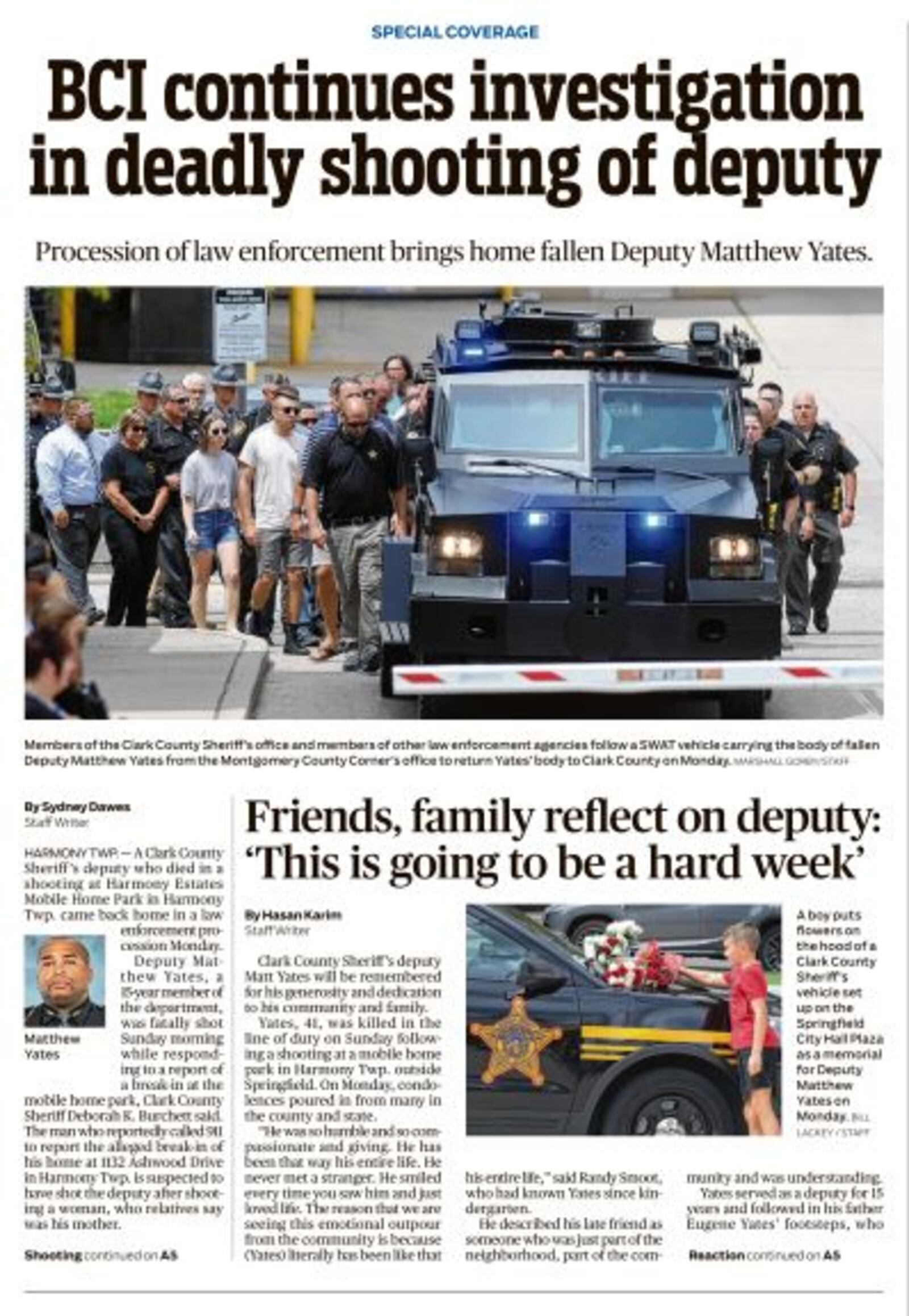 The front page of the Springfield News-Sun in the aftermath of the shooting death of Deputy Matthew Yates, who was killed July 24, 2022, in the line of duty.
