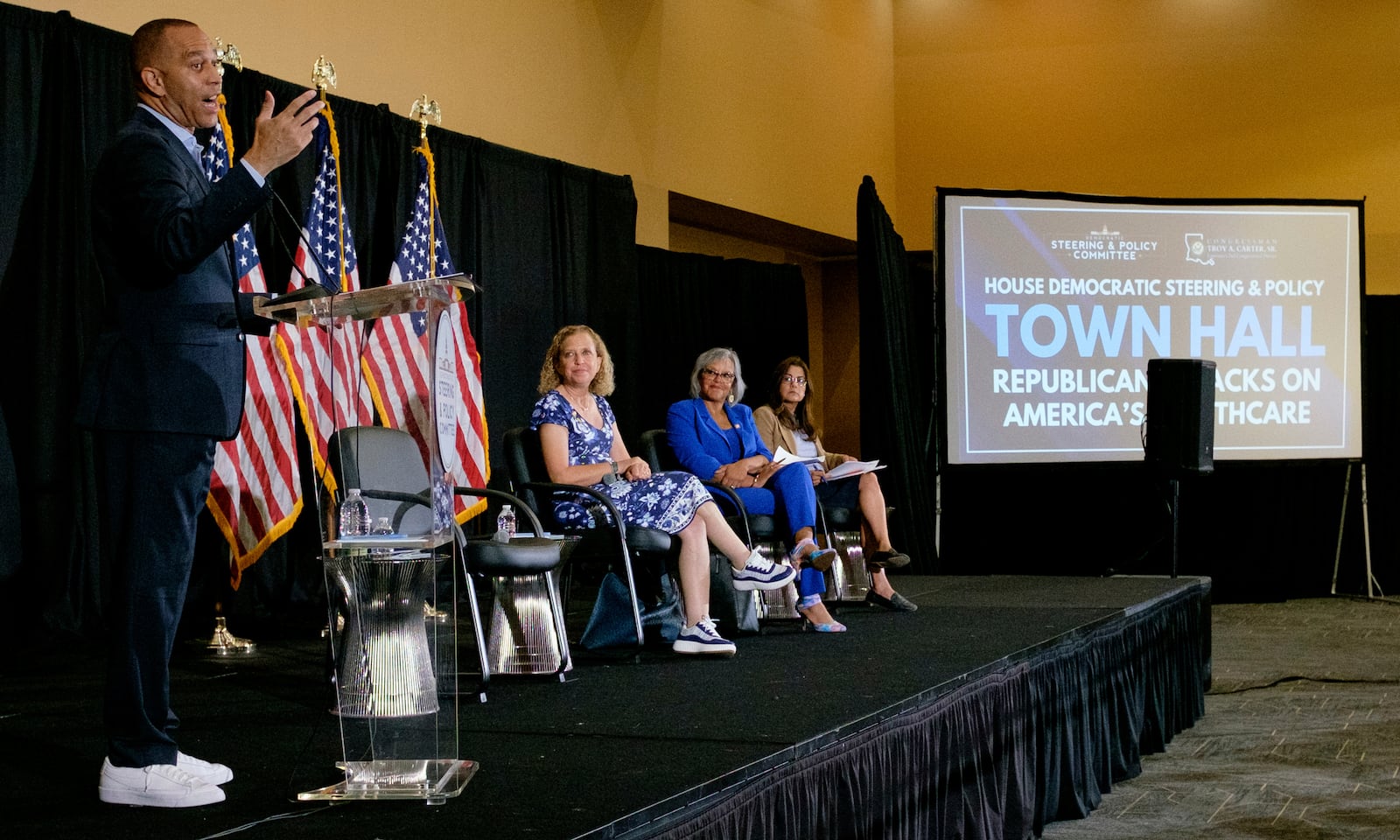 House Minority Leader Hakeem Jeffries leads a health care town hall with U.S. Rep Troy Carter, D-La., at Xavier University in New Orleans, Thursday, July 10, 2025. (John McCusker/The Times-Picayune/The New Orleans Advocate via AP)