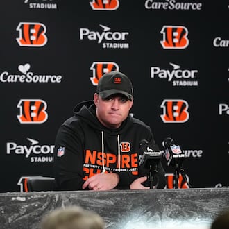 Cincinnati Bengals head coach Zac Taylor speaks during a press conference after an NFL football game against the Baltimore Ravens, Sunday, Dec. 14, 2025, in Cincinnati. (AP Photo/Jeff Dean)