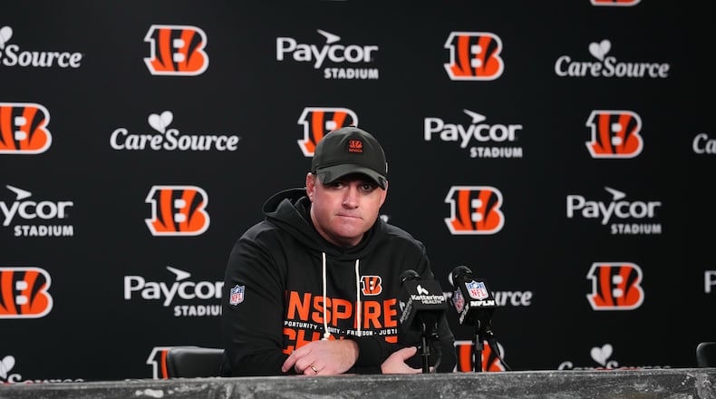 Cincinnati Bengals head coach Zac Taylor speaks during a press conference after an NFL football game against the Baltimore Ravens, Sunday, Dec. 14, 2025, in Cincinnati. (AP Photo/Jeff Dean)
