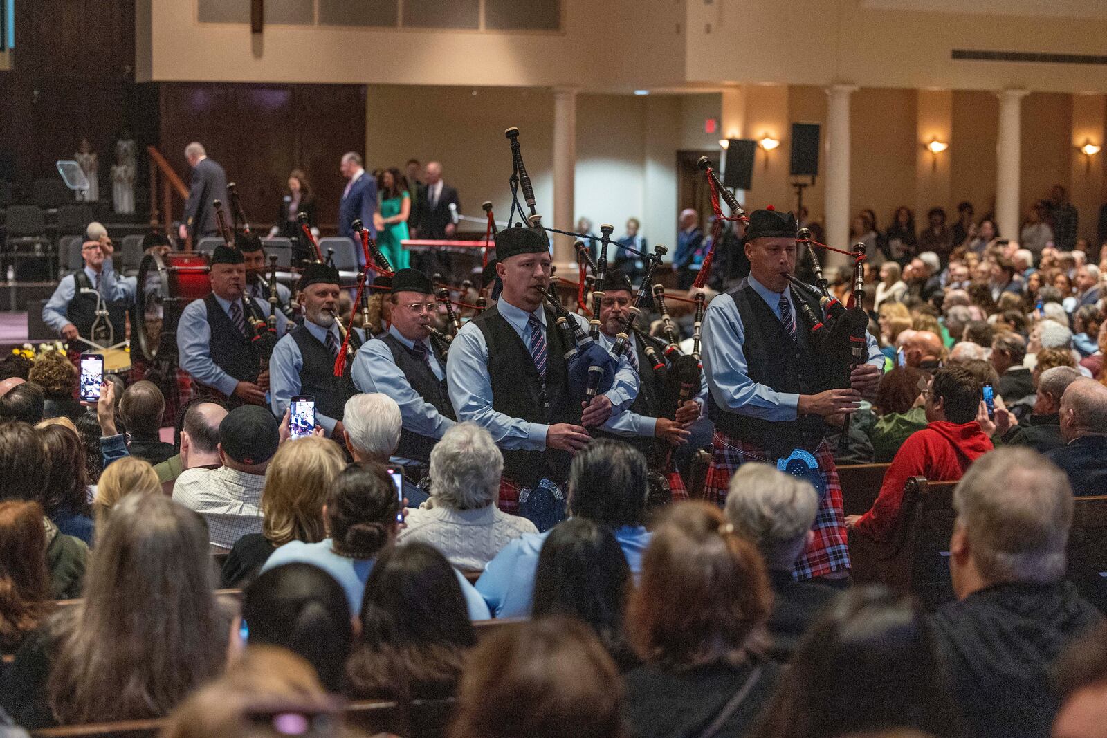 Oklahoma Fire Pipes and Drums start the 30th anniversary memorial service for the victims of the 1995 Oklahoma City bombing, in Oklahoma City, Saturday, April 19, 2025. (AP Photo/Alonzo Adams)