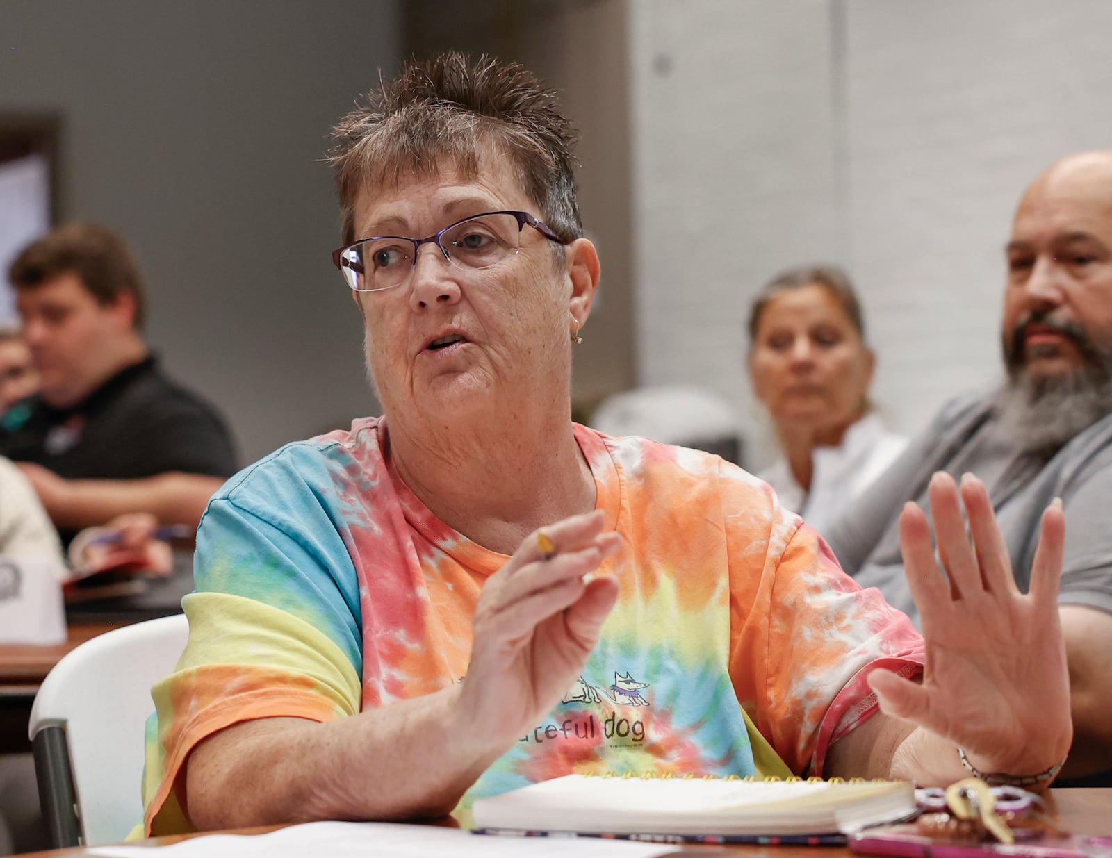 Sheryl Roddy, member of Daughters of the American Revolution, speaks during the America 250 planning meeting on Tuesday, August 26, 2025, at the Heritage Center. JOSEPH COOKE / STAFF