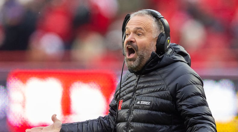 FILE - Nebraska head coach Matt Rhule disputes a referee's call after Nebraska made a safety against Iowa during the second half of an NCAA college football game Friday, Nov. 28, 2025, in Lincoln, Neb. (AP Photo/Rebecca S. Gratz, File)