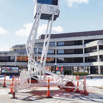 Ohio Department of Public Safety had a surveillance tower up Wednesday, Feb. 11, 2026, at Springfield City Plaza, following numerous bomb threats in Springfield. JOSEPH COOKE / STAFF