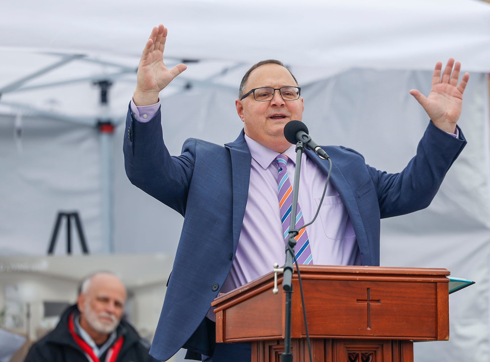 Steve Petitjean, chief operating officer of Ohio Masonic Communities, addresses a crowd during a groundbreaking ceremony to celebrate the expansion of the Springfield Masonic Community on Tuesday, Dec. 16, 2025, in Springfield. Additions include a new assisted living building and modern healthcare center. JOSEPH COOKE/STAFF