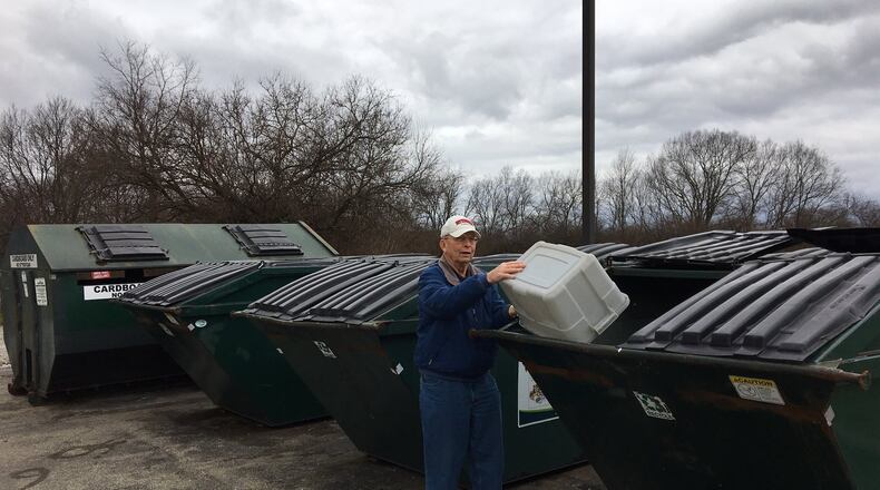 Enon resident John Downs likes to drop off his recycling on Monday mornings after the bins have been emptied. He says the bins can get rather full by Sunday evening. This recycling drop off is located at the Mad River Township Garage, 7952 Dayton Springfield Road next to the railroad tracks and behind O Reilly Auto Parts. PAM COTTREL/CONTRIBUTED