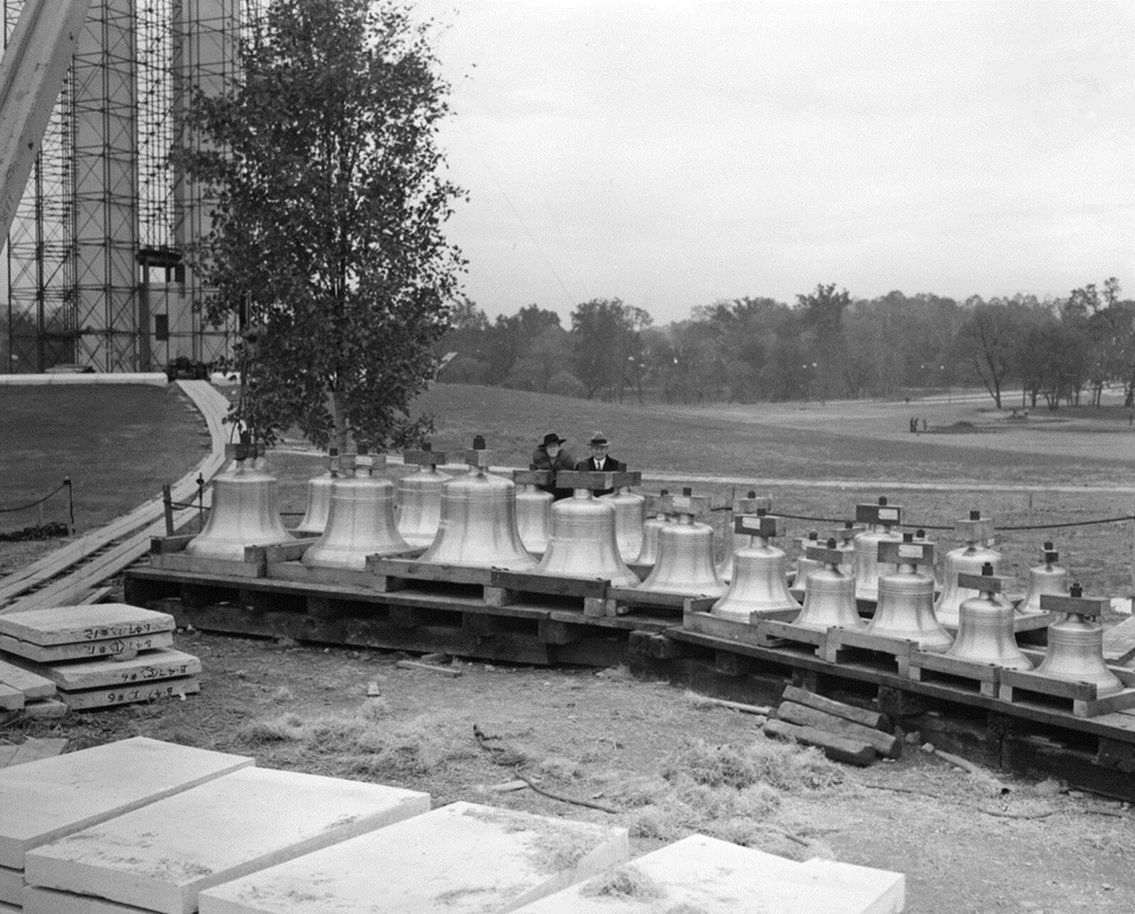 Carillon bells on the ground leading up to the installation of the Deeds Carillon, which is celebrating 75 years this week. CONTRIBUTED PHOTO, DAYTON HISTORY