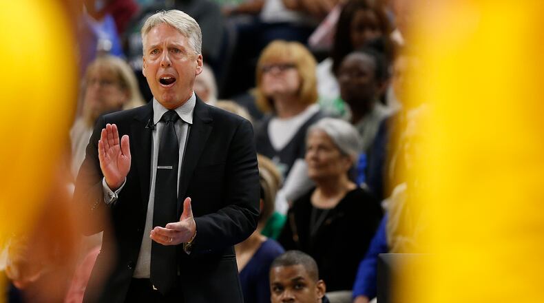 Los Angeles Sparks head coach Brian Agler looks out to his team in the second half of Game 1 of the WNBA basketball finals against the Minnesota Lynx, Sunday, Oct. 9, 2016, in Minneapolis. Los Angeles won 78-76. (AP Photo/Stacy Bengs)