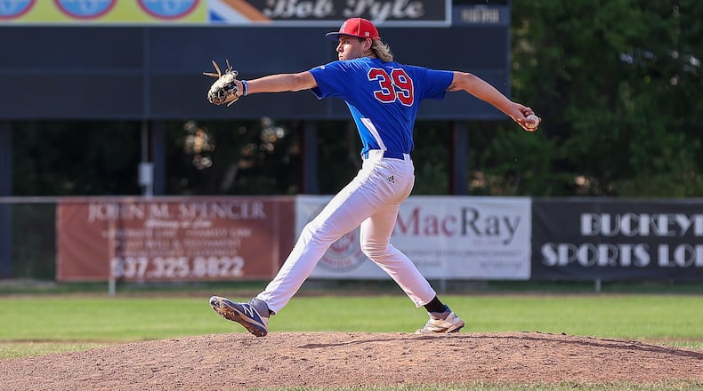 Cutline: Champion City Kings pitcher Tyberius Correa stretches towards the plate during their game against the Chillicothe Paints on Sunday, June 27 at Carleton Davidson Stadium. Michael Cooper/CONTRIBUTED