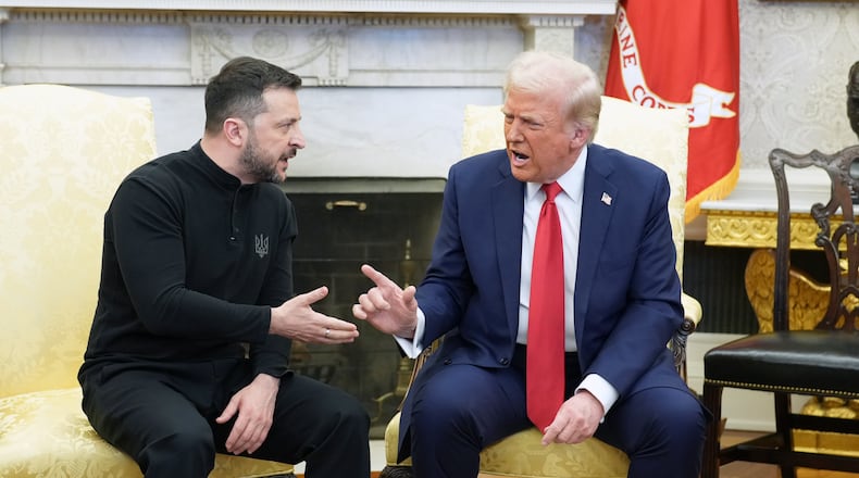President Donald Trump, right, meets with President Volodymyr Zelenskyy of Ukraine in the Oval Office on Friday, Feb. 28, 2025. The explosive encounter reflected Trump’s determination to put aside alliances and commitments to principles in favor of raw great power negotiations. (Doug Mills/The New York Times)