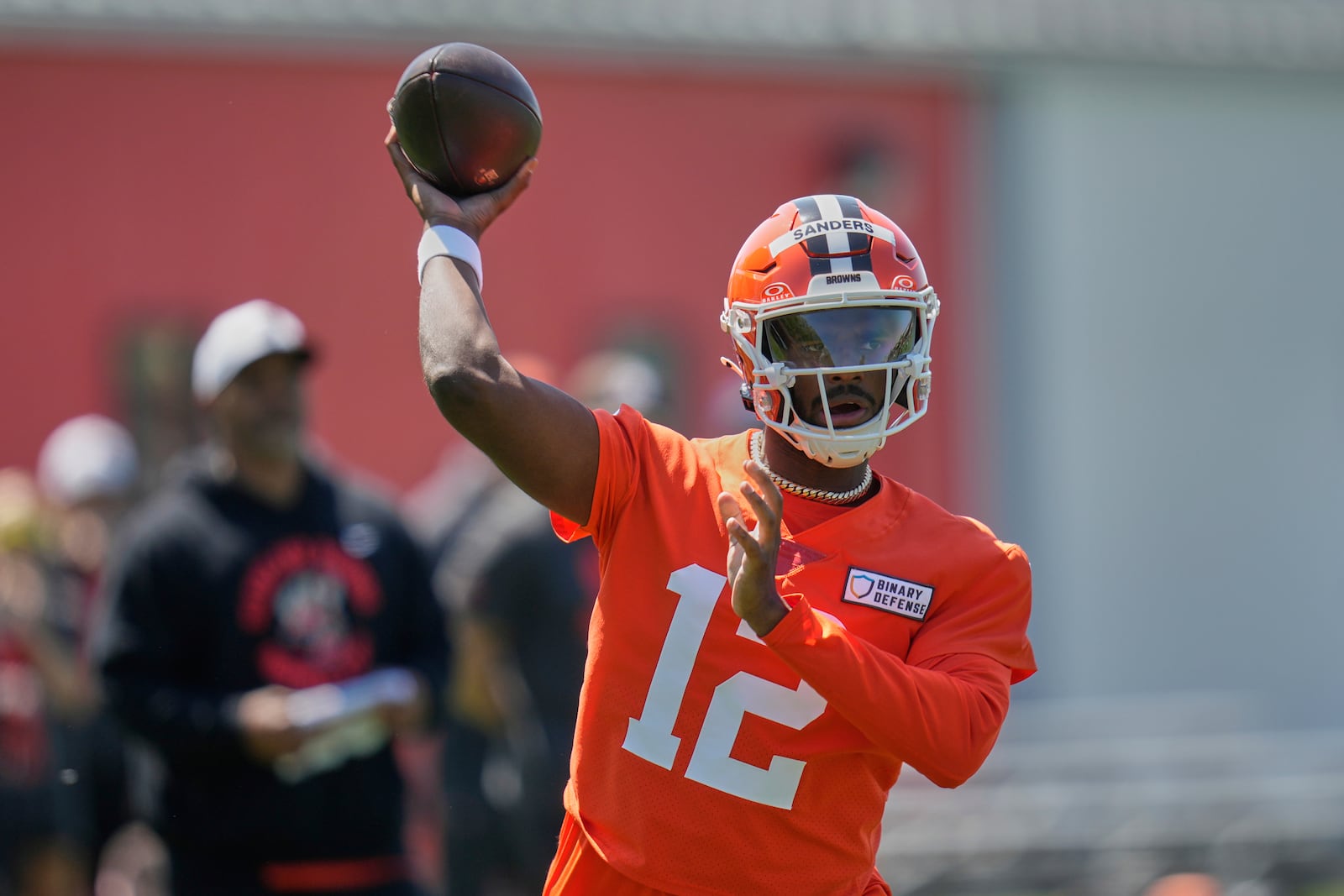Cleveland Browns quarterback Shedeur Sanders (12) passes during the NFL football team's rookie minicamp in Berea, Ohio, Saturday, May 10, 2025. (AP Photo/Sue Ogrocki)