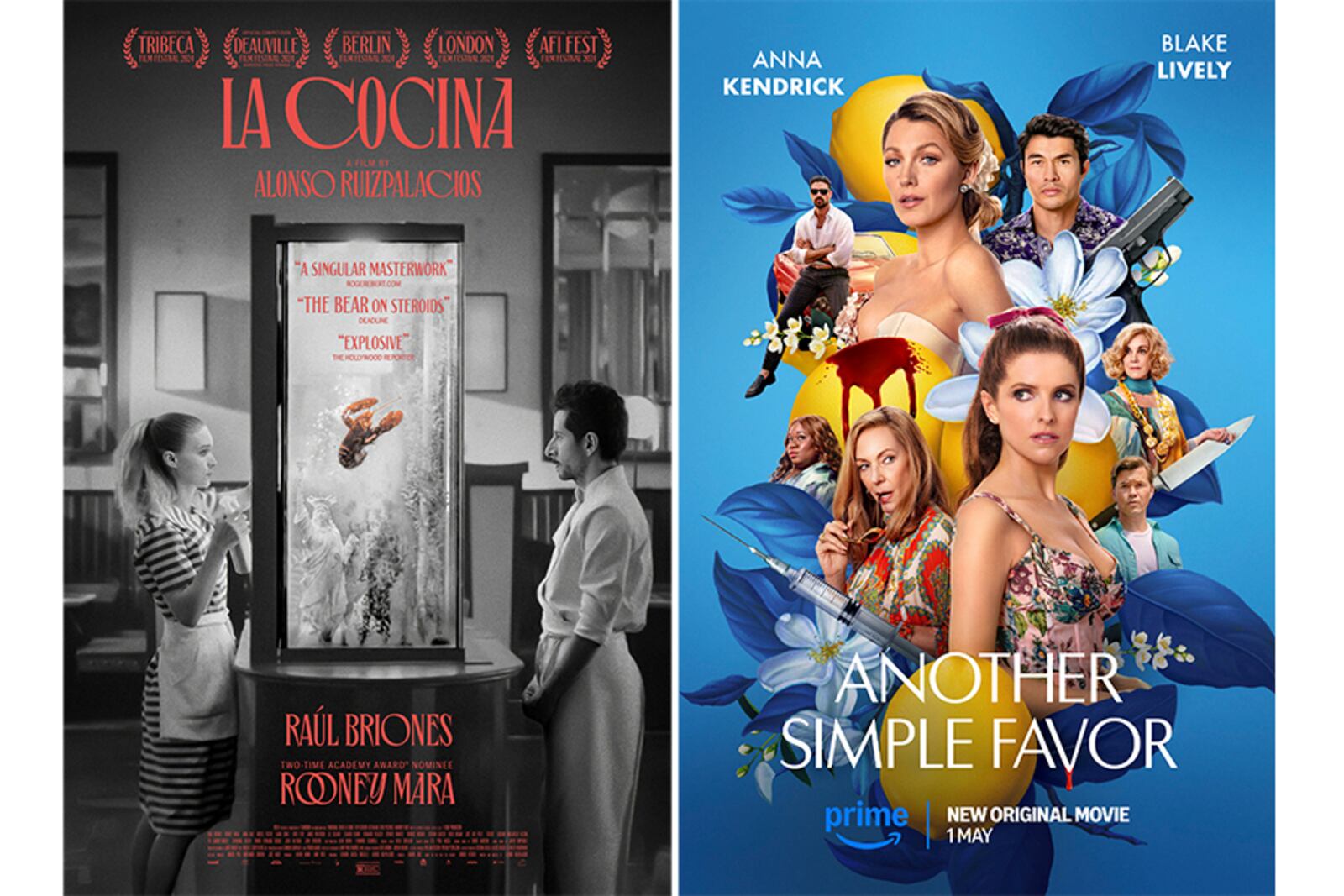 This combination of images shows promotional art for "La Cocina", and "Another Simple Favor". (Willa/Amazon Studios via AP)