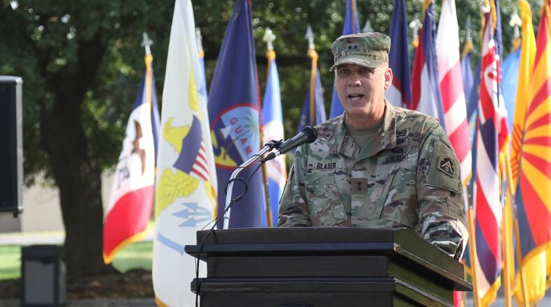 Maj. Gen. David P. Glaser, a Cincinnati native, is the deputy commanding general-operations for the U.S. Army North (Fifth Army). Army North serves as the Joint Forces Land Component Command for all federal ground troops in the United States operating as part of the DOD’s COVID-19 response. Pictured is Glaser speaking during his welcome ceremony at the Quadrangle on Fort Sam Houston on July 23, 2019, when he took over as the Army North’s deputy commanding general-operations. (U.S. Army photo by Sgt. Andrew S. Valles)
