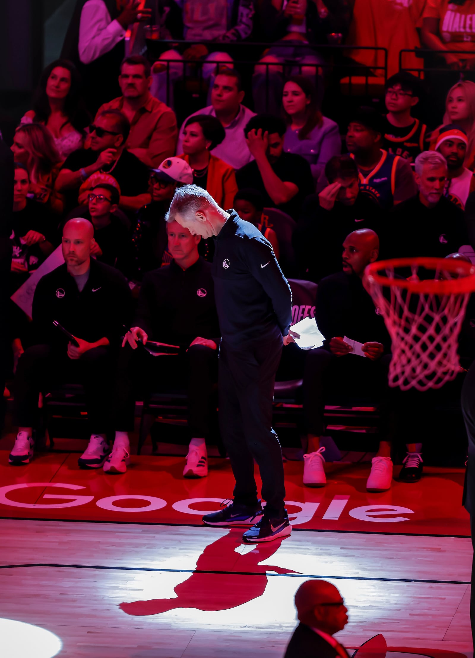 Warriors head coach Steve Kerr stands by the team bench after a timeout in the second half as the Golden State Warriors played the Houston Rockets in Game 5 of the First Round of the NBA Playoffs at Toyota Center in Houston, Texas on Wednesday, April 30, 2025. (Carlos Avila Gonzalez/San Francisco Chronicle via AP)