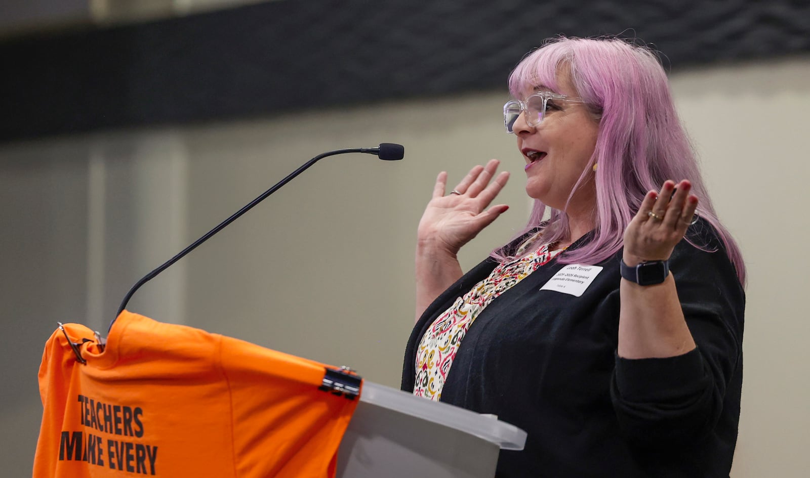 Leah Terrell, fifth grade ELA and social studies teacher at Lagonda Elementary, speaks as she's honored with an Excellence in Teaching award at a luncheon at the Hollenbeck Bayley Center on Monday, March 23, 2026, in Springfield. JOSEPH COOKE/STAFF