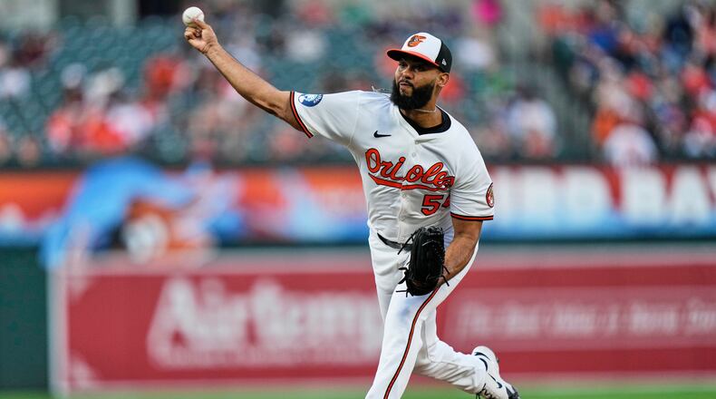 FILE - Baltimore Orioles relief pitcher Seranthony Dominguez (56) delivers during the ninth inning in the second baseball game of a doubleheader against the New York Mets, July 10, 2025, in Baltimore. (AP Photo/Stephanie Scarbrough, File)