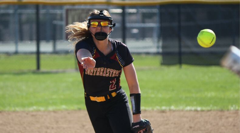 Senior Hayley Suchland, Northeastern’s staff ace, also leads the team offensively with a .500 batting average. GREG BILLING / CONTRIBUTED