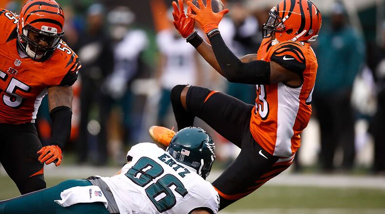 CINCINNATI, OH - DECEMBER 4: George Iloka #43 of the Cincinnati Bengals breaks up a pass intended for Zach Ertz #86 of the Philadelphia Eagles during the fourth quarter at Paul Brown Stadium on December 4, 2016 in Cincinnati, Ohio. (Photo by Gregory Shamus/Getty Images)