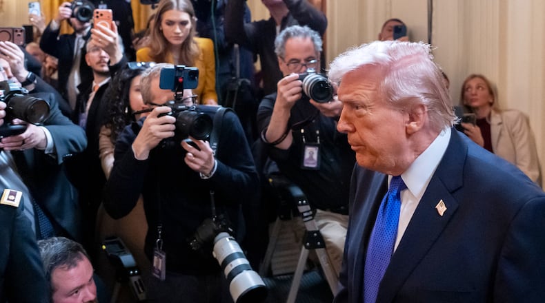 President Donald Trump arrives for a Medal of Honor ceremony in the East Room of the White House, Monday, March 2, 2026, in Washington. (AP Photo/Alex Brandon)