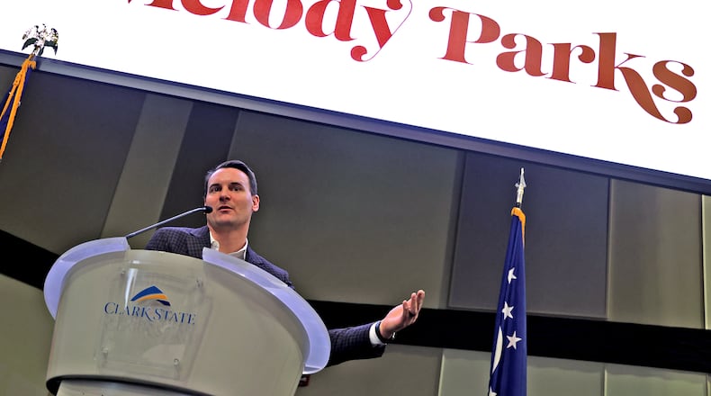 Jeff Fontaine, the president of Borror Properties, talks about the Melody Parks development on East U.S. 40 Monday, Feb. 10, 2025 during the Springfield Rotary Club's weekly meeting. BILL LACKEY/STAFF