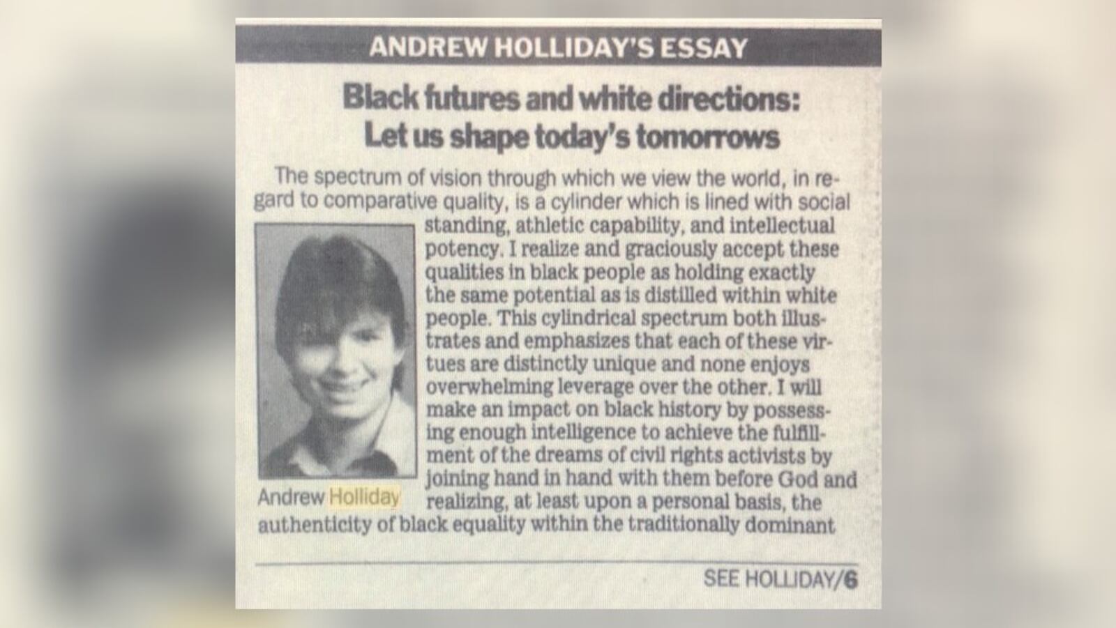 The first page of Andrew Holliday's 1994 essay, which was published in the Dayton Daily News. Lucas Gonzalez/Staff