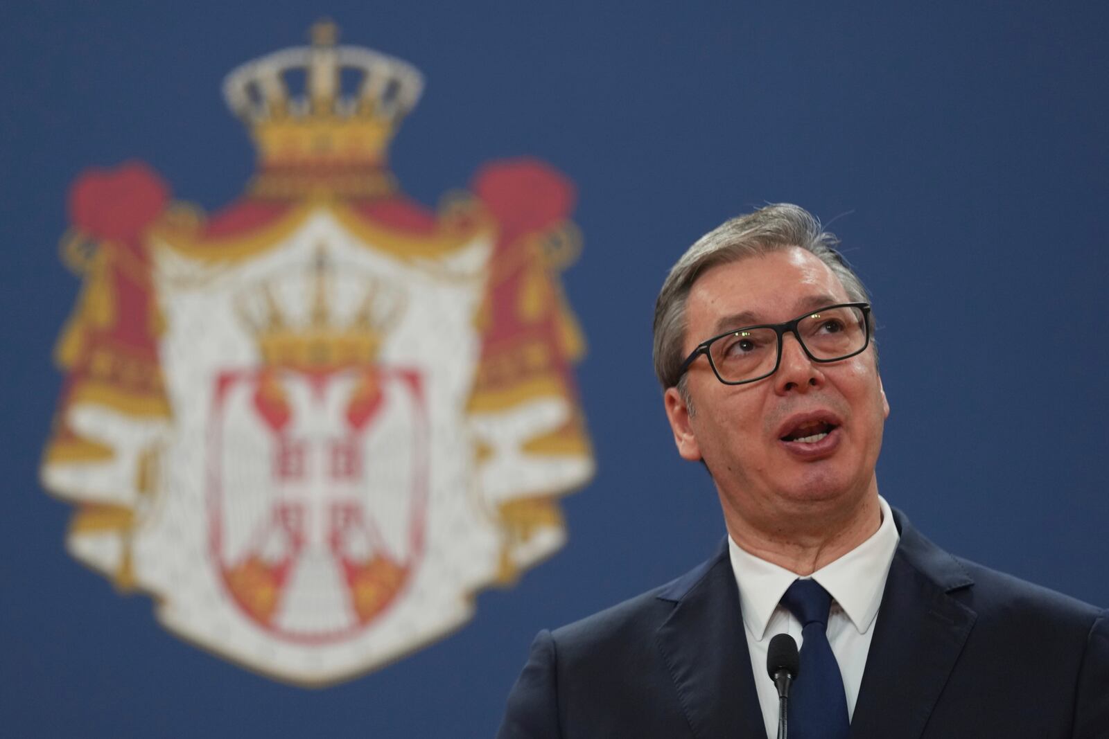 Serbian President Aleksandar Vucic speaks during a press conference after talks with European Council President Antonio Costa at the Serbia Palace in Belgrade, Serbia, Tuesday, May 13, 2025. (AP Photo/Darko Vojinovic)