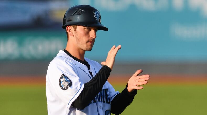 In this image provided by the Hudson Valley Renegades, Hudson Valley Renegades manager Blake Butera claps during a minor league baseball game in Wappingers Falls, N.Y., in 2019. (Roy Notaro/Hudson Valley Renegades via AP)